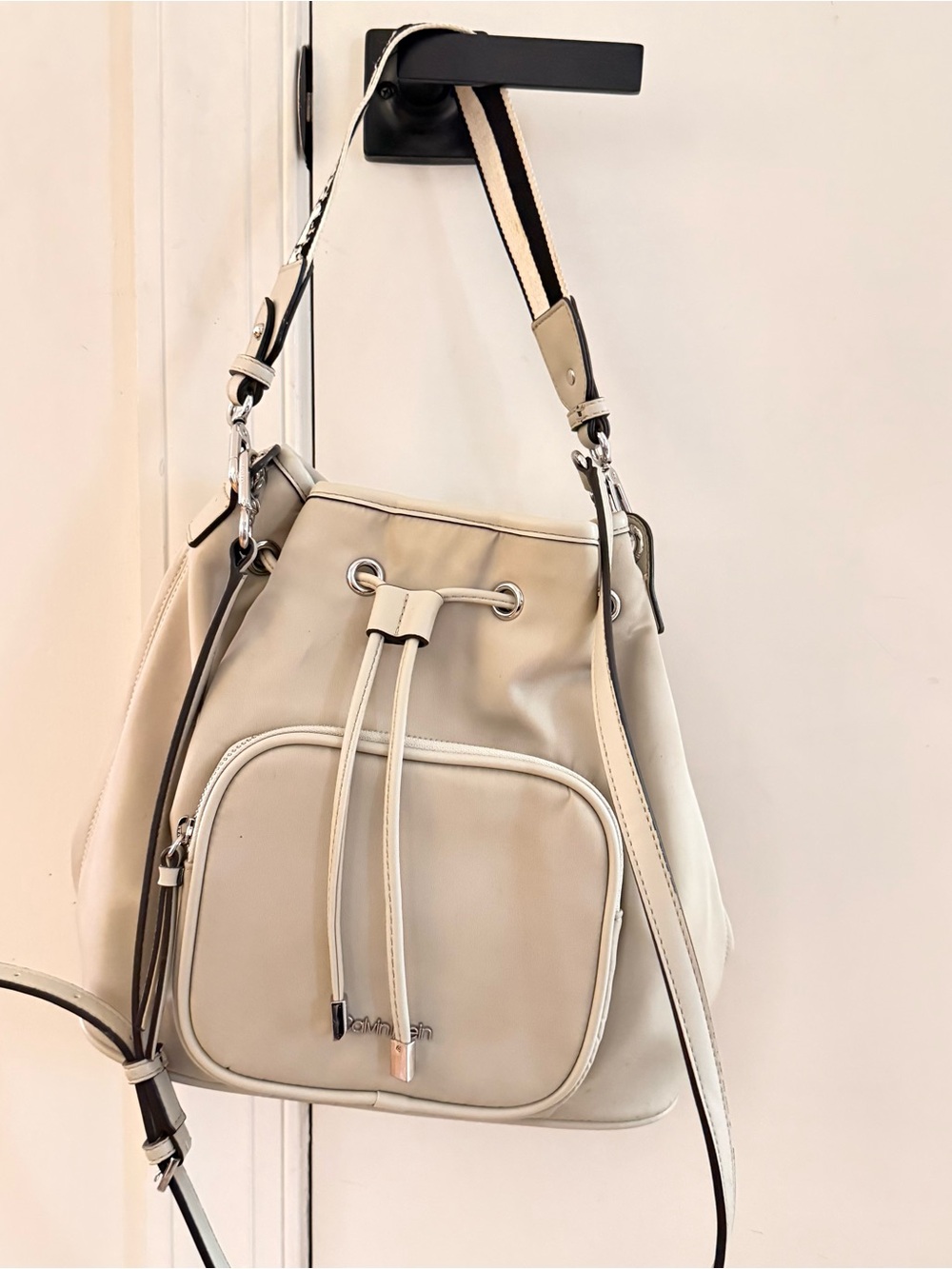 Calvin Klein Cream Drawstring Bucket Bag with Contrast Strap